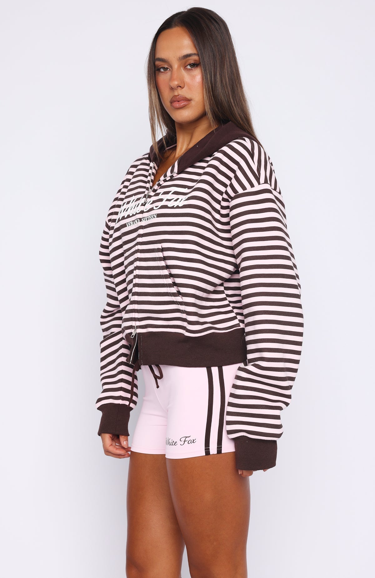 Verano Sixteen Maria Boxy Zip Front Hoodie Pink / Choc Stripe