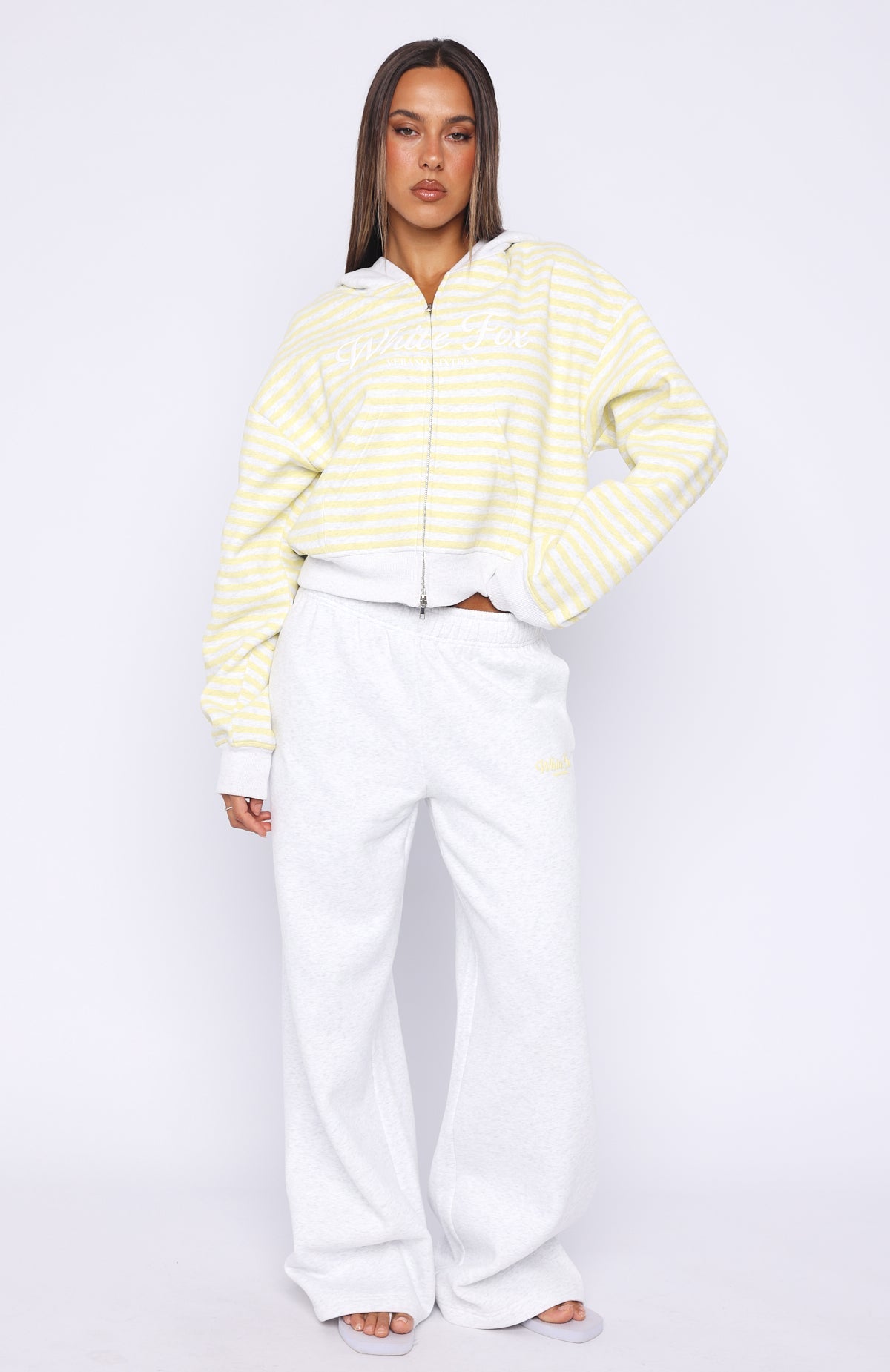 Verano Sixteen Maria Boxy Zip Front Hoodie Grey Marle / Lemon Stripe