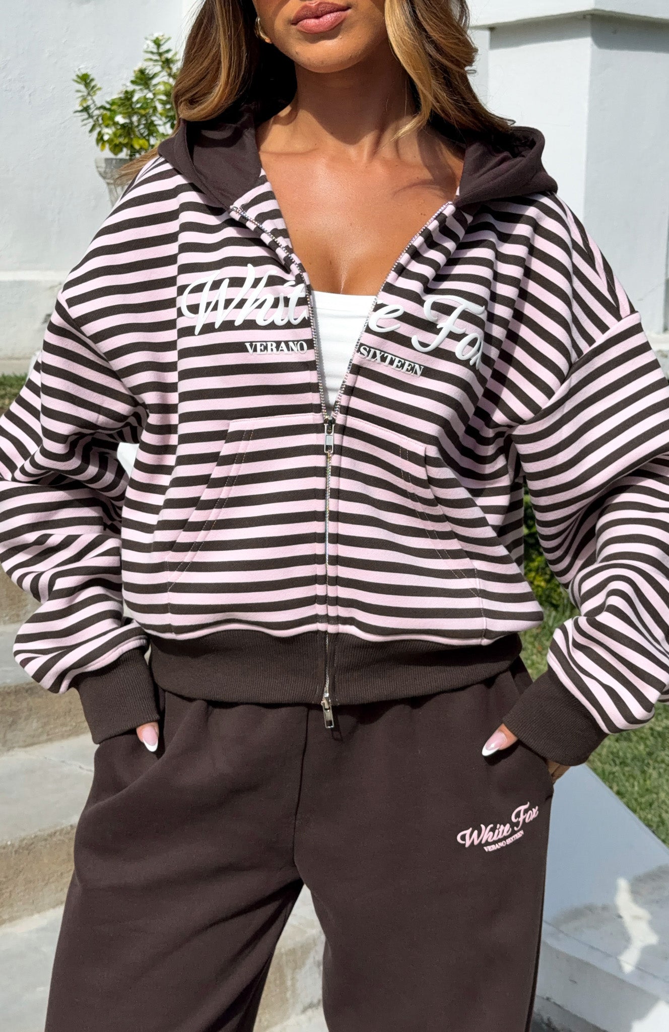 Verano Sixteen Maria Boxy Zip Front Hoodie Pink / Choc Stripe